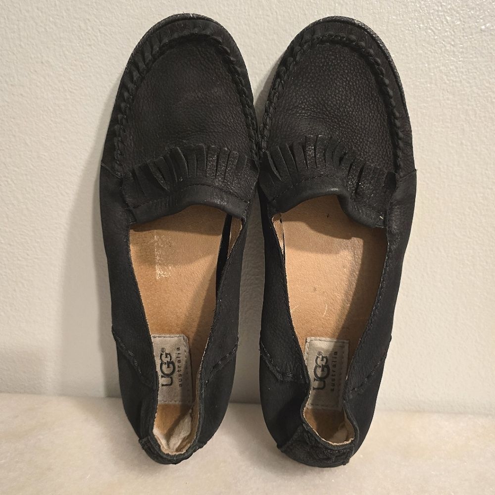 UGG Marrah Leather Slip On Loafers Fridged Moccasins 8.5 Black